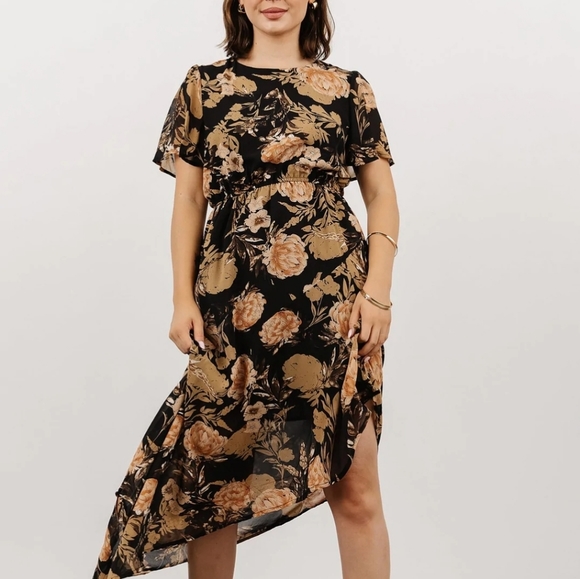 NEW BEAUTIFUL BLACK FLORAL ASSYMETRICAL DRESS - Picture 4 of 5